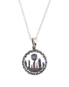 A silver necklace and round pendant. The outside of the pendant is knotted. The inside of the pendant has standing stones and a small circle.