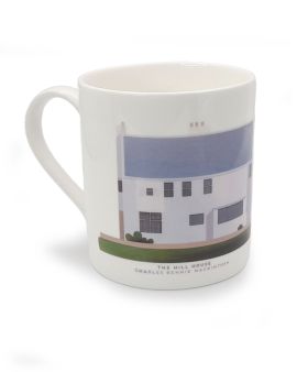 The mug with a curved handle. The mug has the south elevation of the Hill House on it. Underneath it says 'The Hill House Charles Rennie Mackintosh.'