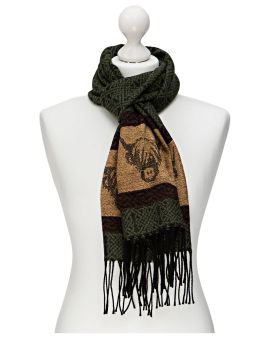 Celtic Scarf in Green with Highland Cow Design