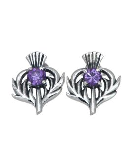 Sterling Silver Amethyst Purple Colour Stone Scottish Thistle Stud Earrings