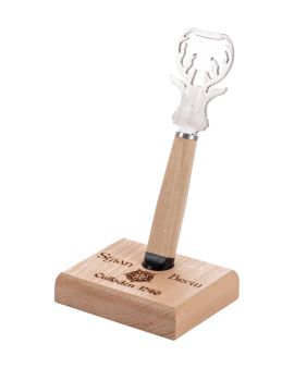 An image of a wooden bottle opener with the a stainless steel stag at the top, in its stand