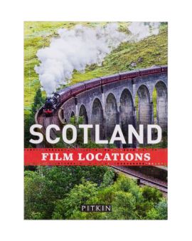 The front cover the book, it has an image of a steam training going over the Glenfinnan Viaduct, a famous scene from the Harry Potter films. It says 'Scotland Film Locations' below.