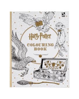 The cover of the Harry Potter Colouring Book. It is white with gold stars and black-and-white images of Hedwig, Dobbie, a Hippogriff, broom and Quidditch set.