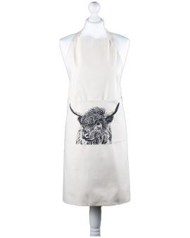 An apron on a dressmaker's model. There is a Highland Cow design over the middle pocket.
