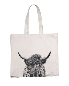 A shopping bag with a large image of a Highland cow in the middle at the bottom.